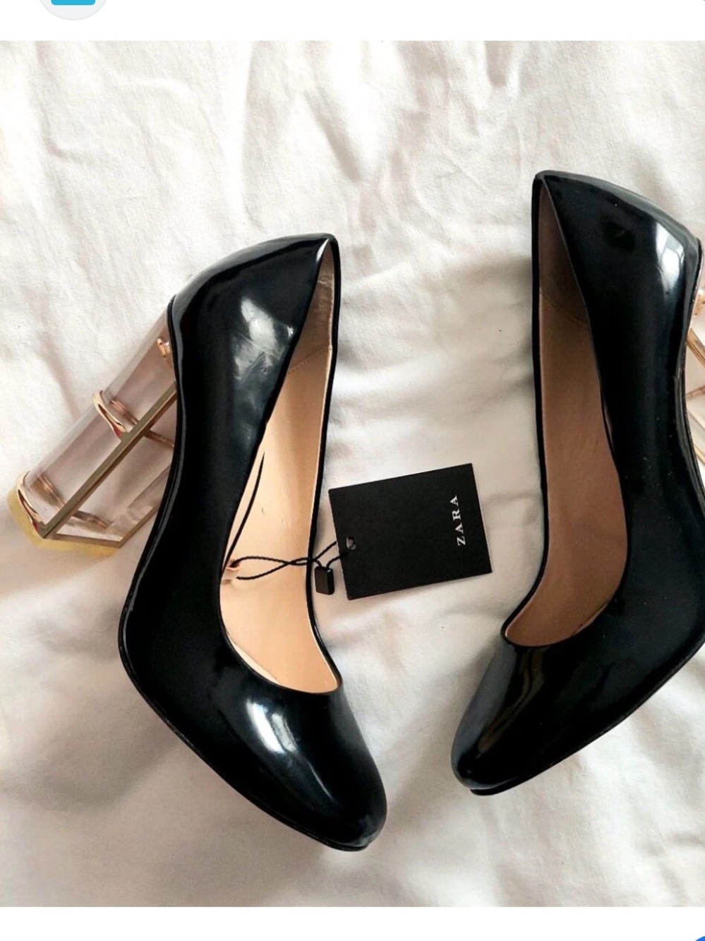 Zara Black Patent Pump with Clear Gold-Trim Block Heel